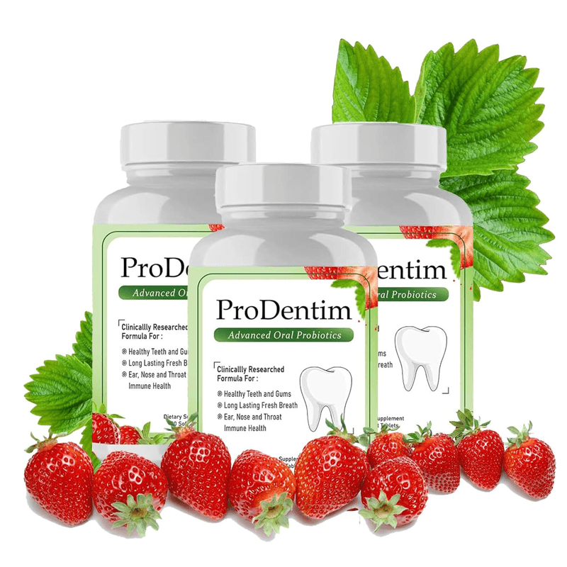 Three bottles of ProDentim with strawberries